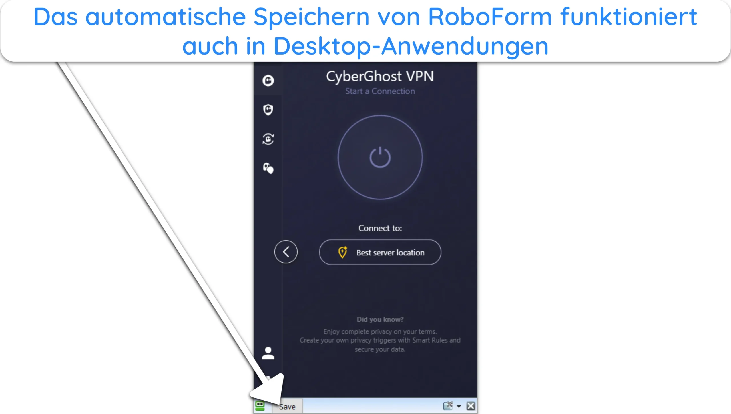 Screenshot zeigt die automatische Speicherung von RoboForm in einer Desktop-App.