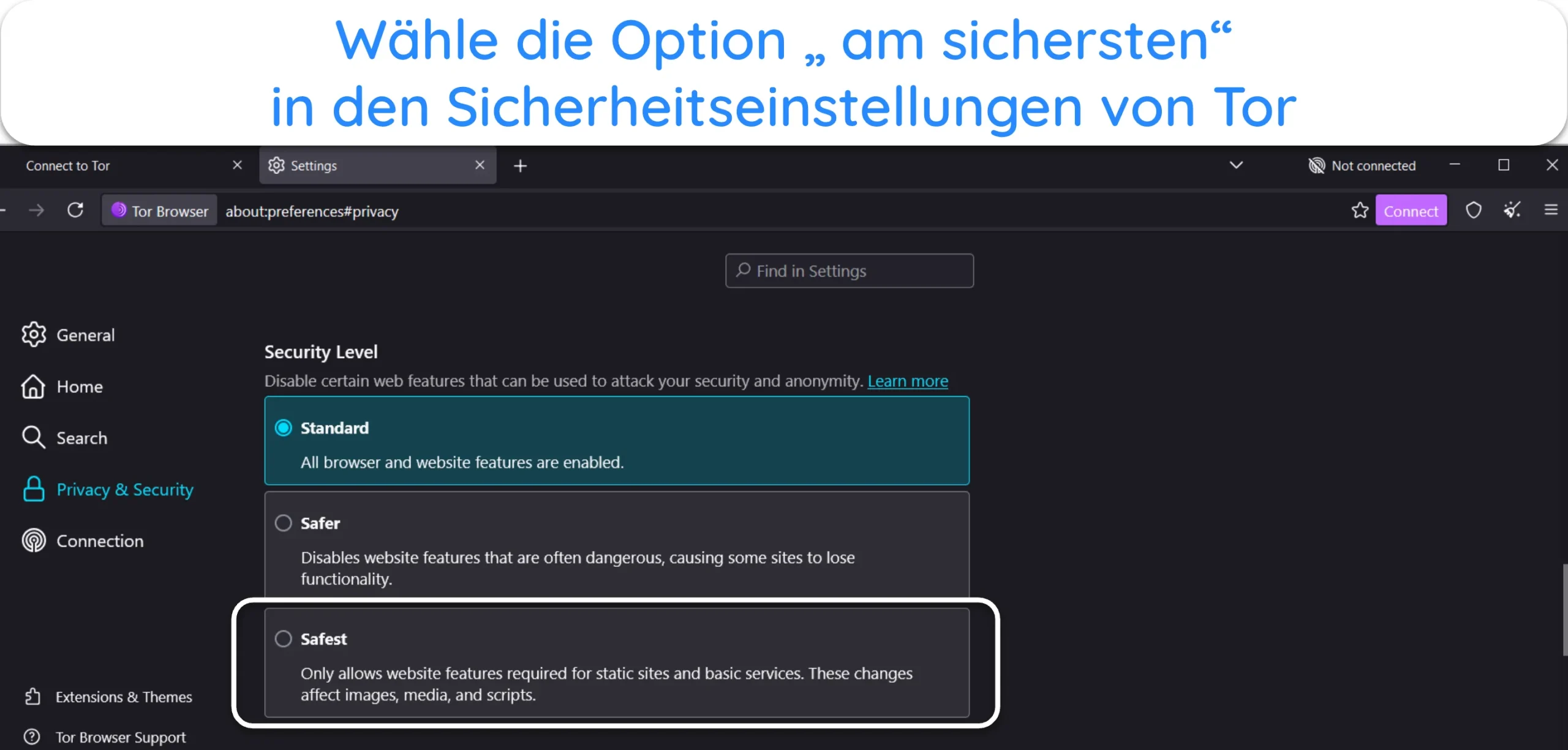 Screenshot zeigt, wie man in den Sicherheitseinstellungen von Tor die höchste Sicherheitsoption auswählt.