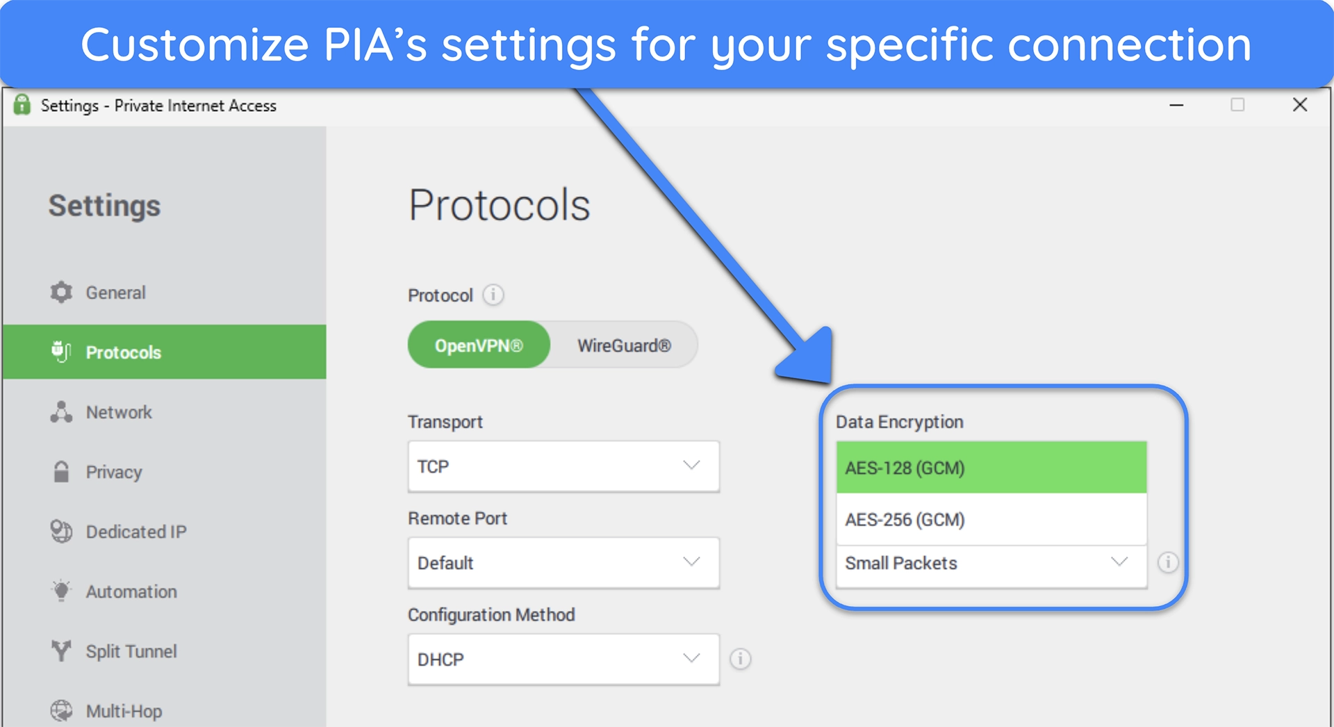 image of PIA's Windows app, highlighting its protocol customization options.