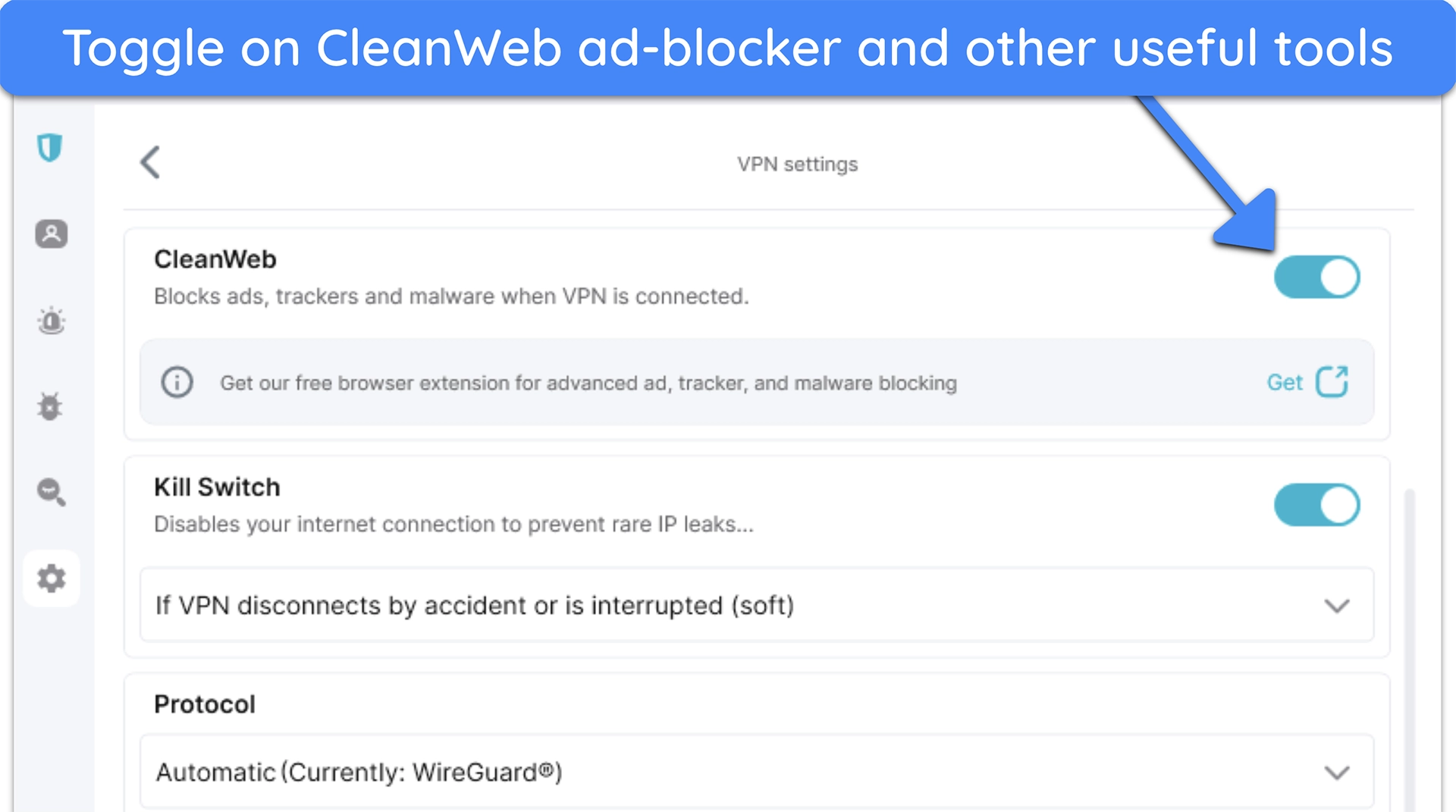 Screenshot of Surfshark's Windows app, highlighting the CleanWeb tool in the Settings menu.