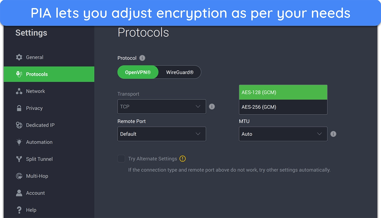 Screenshot of how to switch between 128-bit and 256-bit encryption on PIA's Mac app
