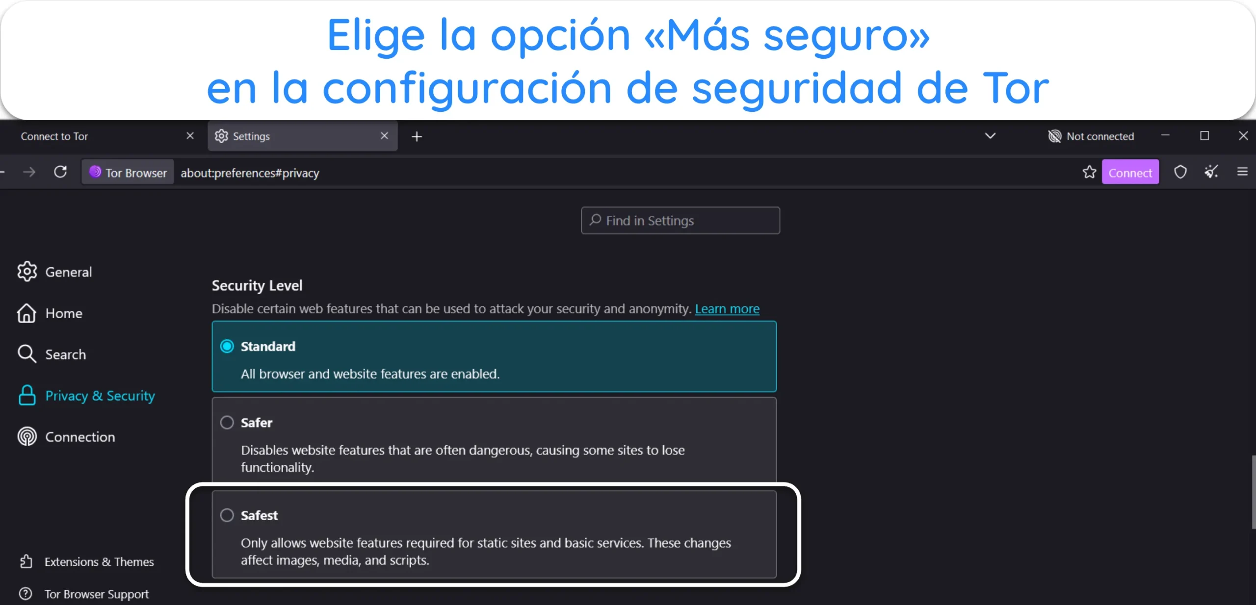 Captura de pantalla que muestra cómo elegir la opción de seguridad más alta en la configuración de seguridad de Tor.