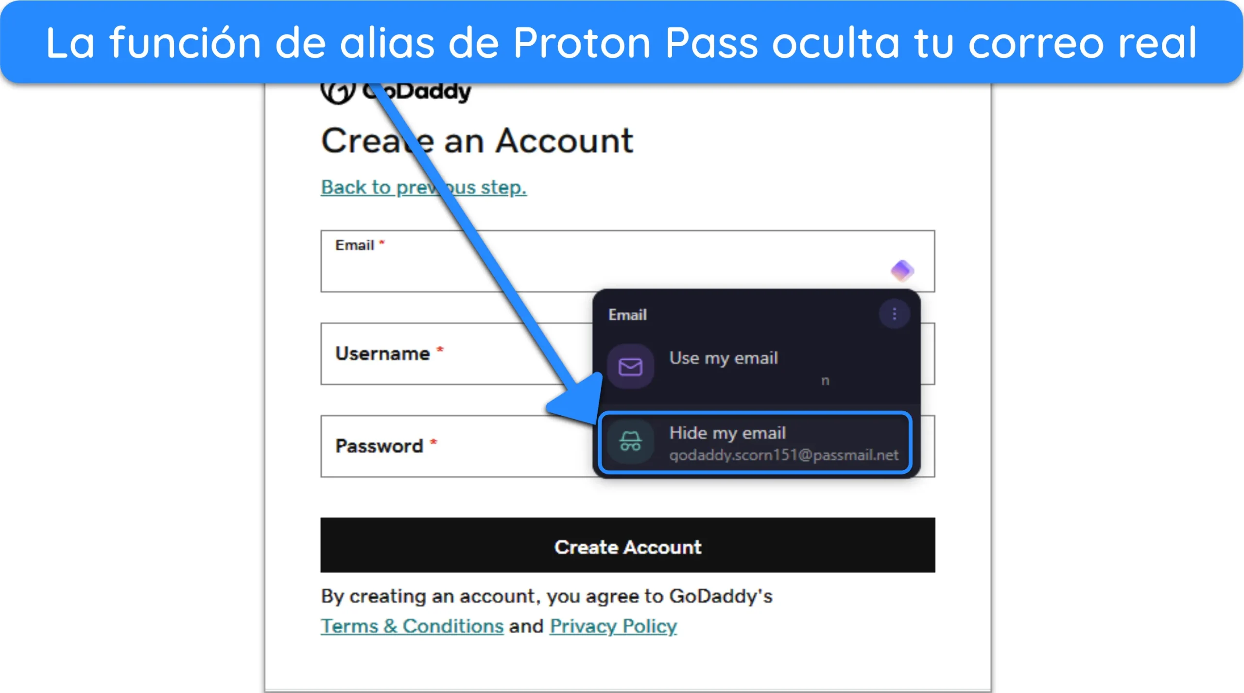Captura de pantalla de Proton Pass solicitando el uso de un alias en lugar de una dirección de correo electrónico real.