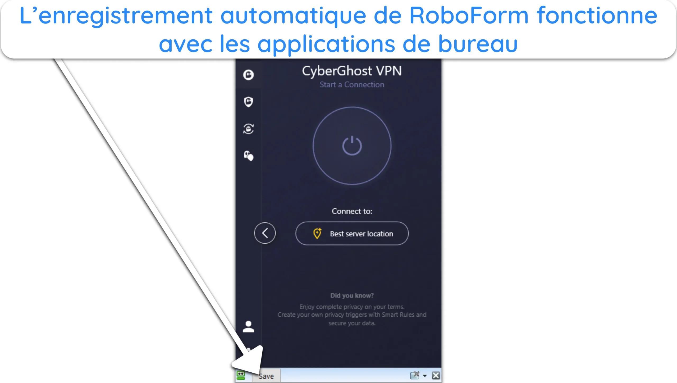 Capture d'écran montrant l'enregistrement automatique de RoboForm fonctionnant avec une application de bureau.
