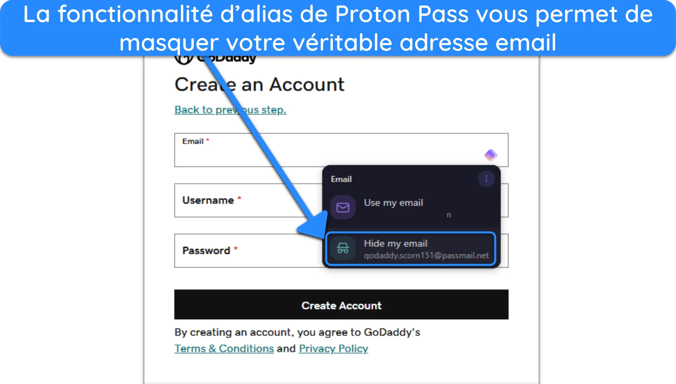 Capture d'écran de Proton Pass demandant d'utiliser un alias au lieu d'une véritable adresse e-mail.
