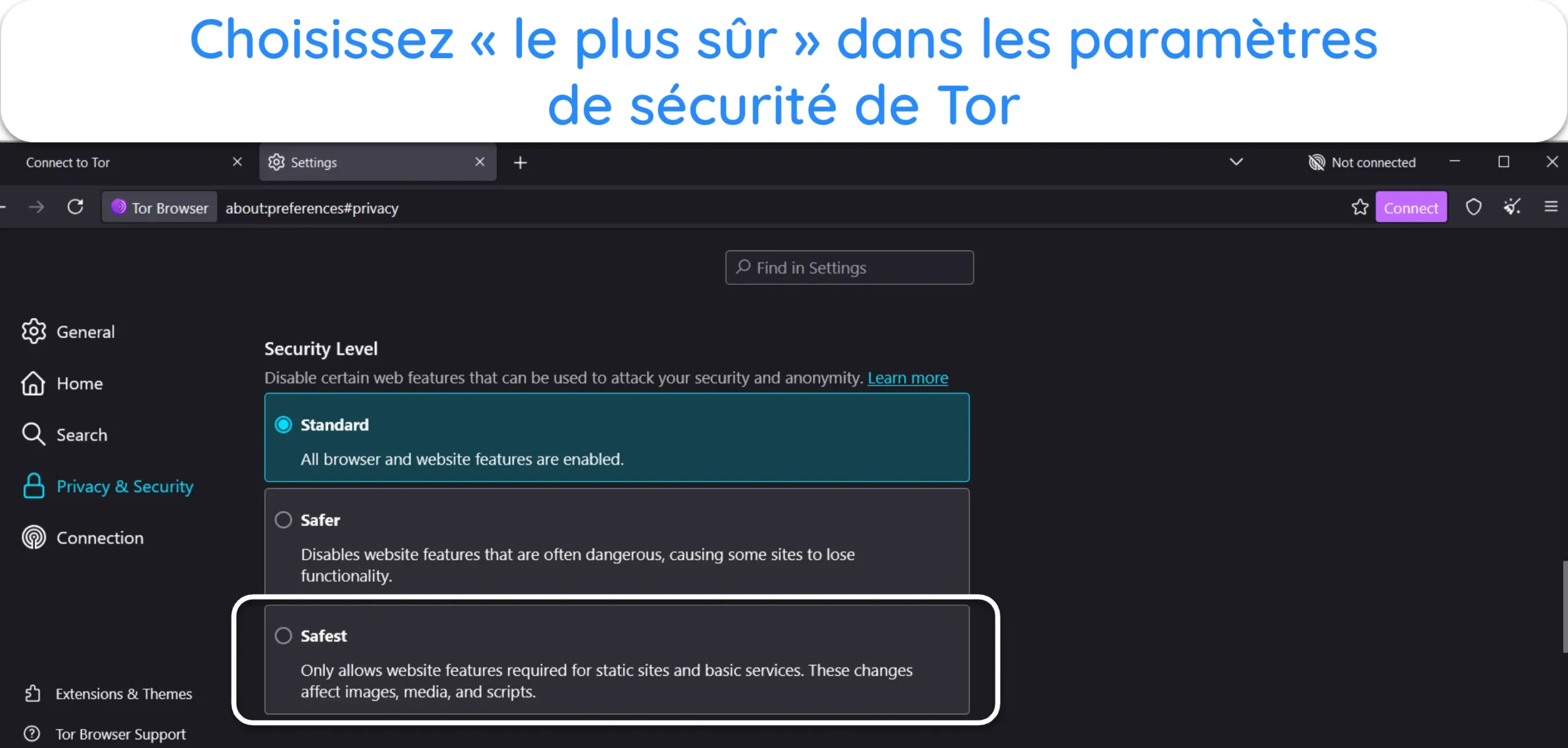 Capture d'écran montrant comment choisir l'option de sécurité la plus élevée dans les paramètres de sécurité de Tor.