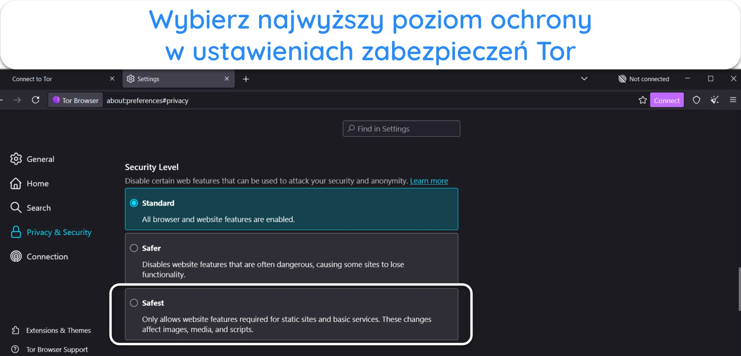 Zrzut ekranu pokazujący, jak wybrać najwyższy poziom bezpieczeństwa w ustawieniach bezpieczeństwa Tora.