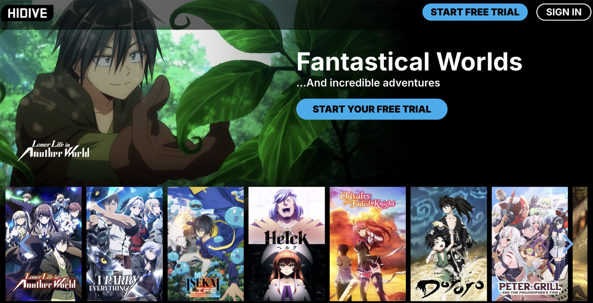 Screenshot of HIDIVE's homepage, displaying its anime catalog