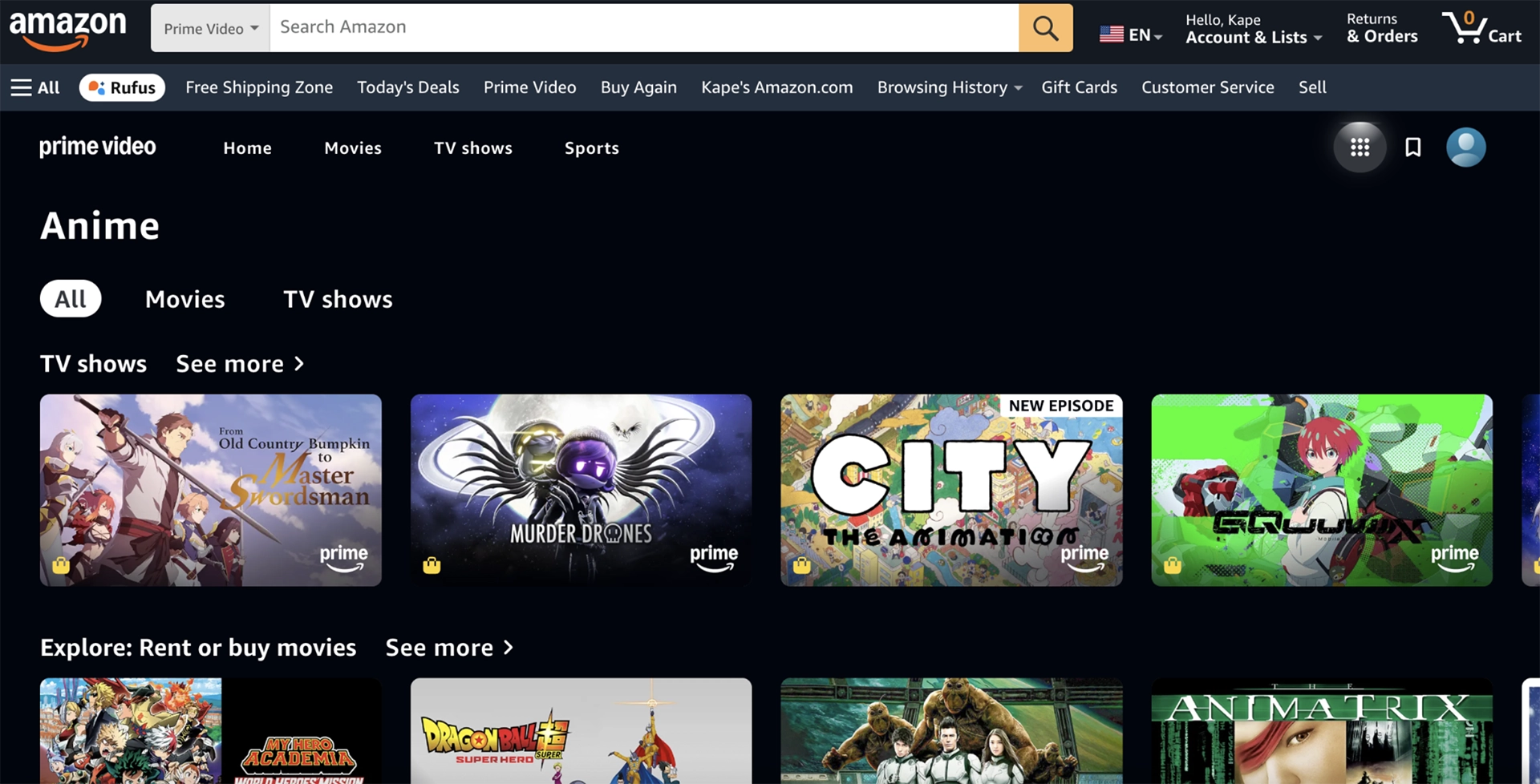 Screenshot of Amazon Prime Video's anime catalog