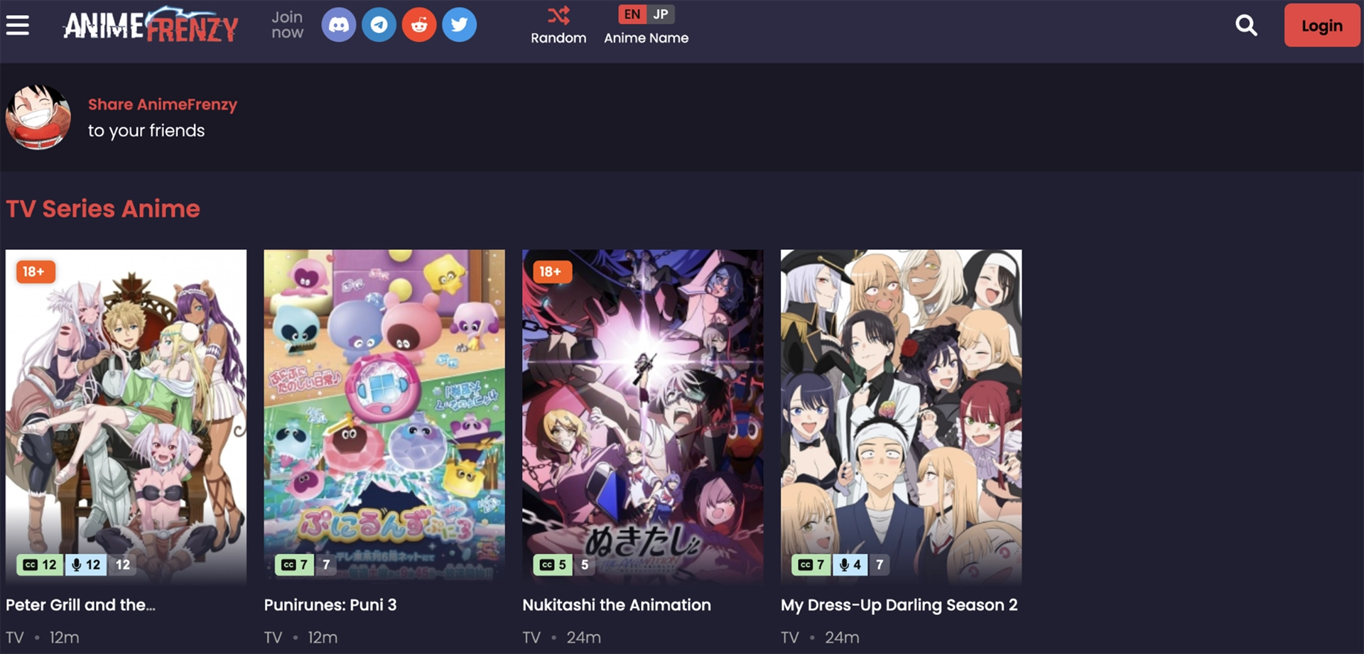 Screenshot of AnimeFrenzy's website displaying its anime catalog