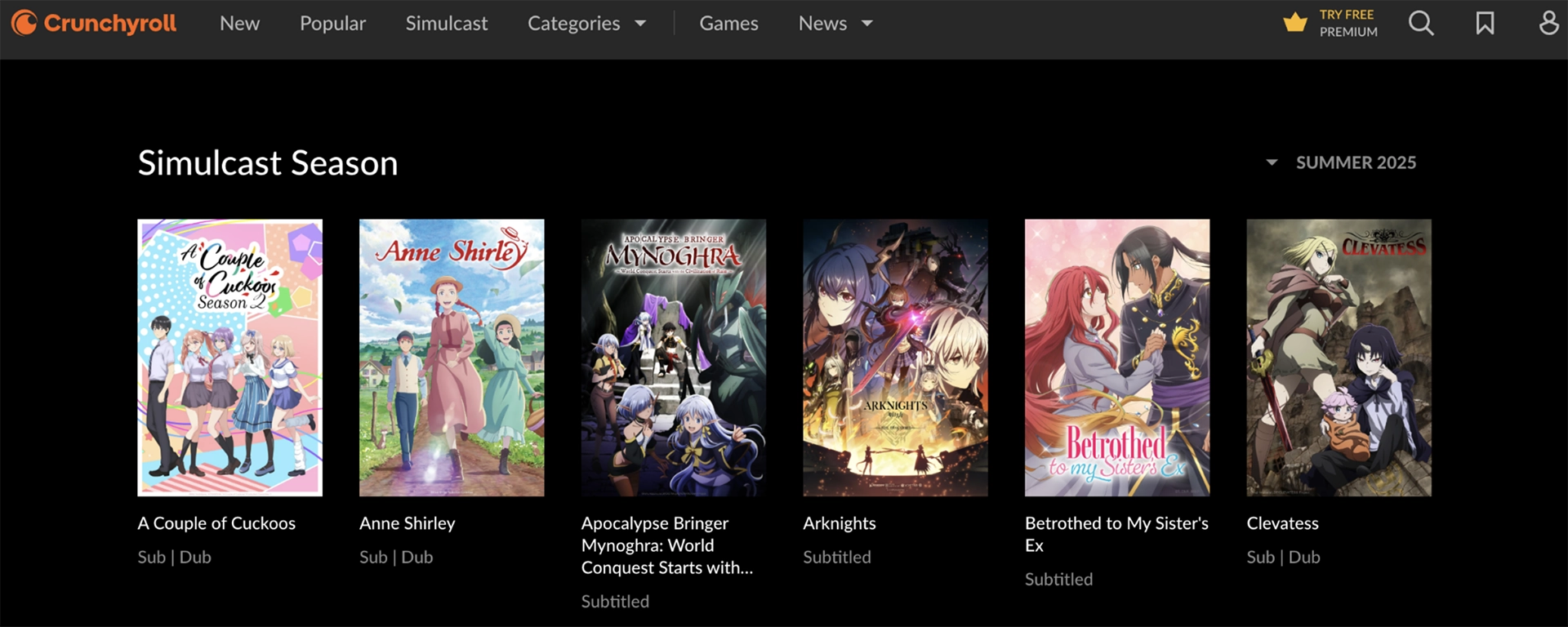 Screenshot of Crunchyroll's homepage
