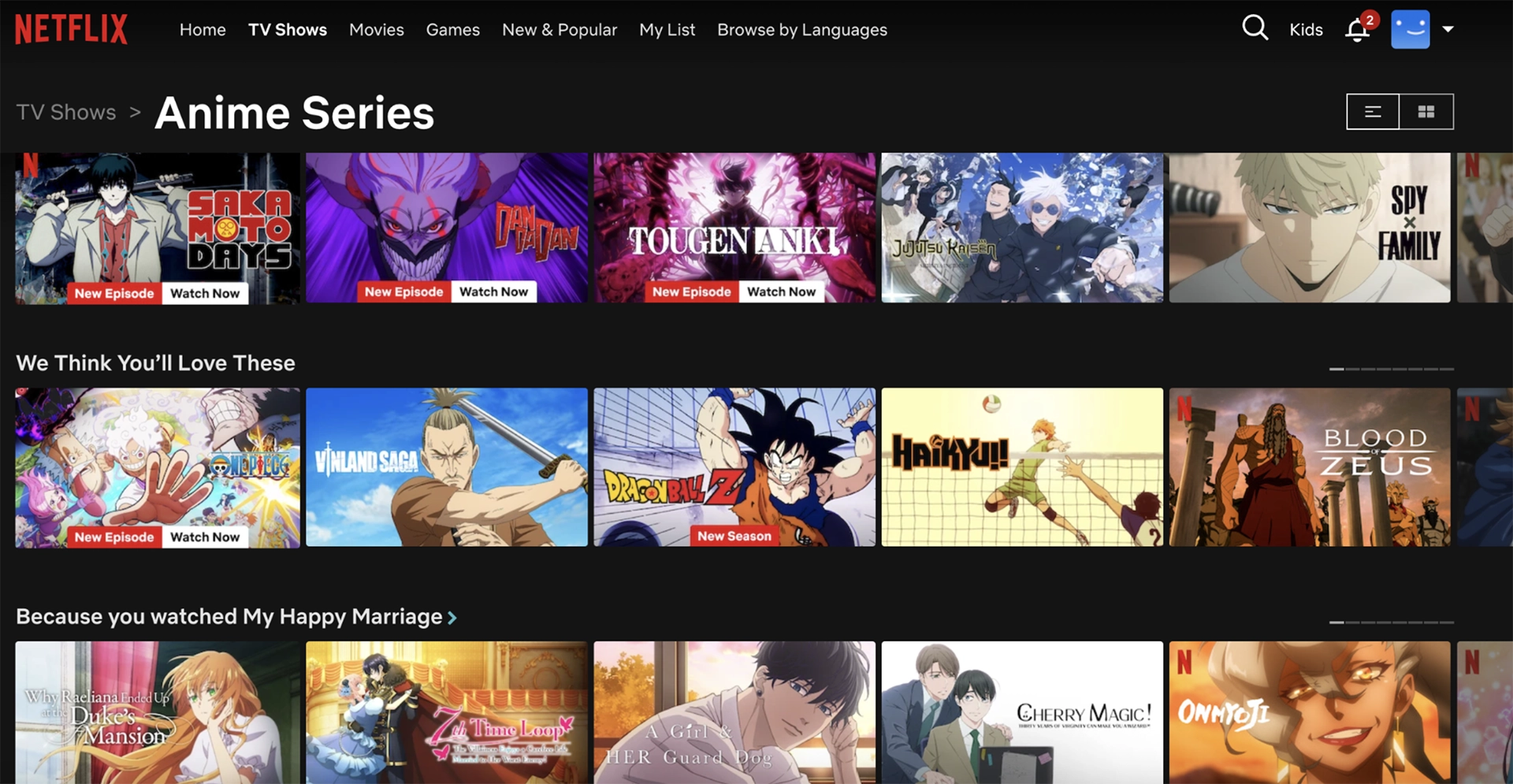 Screenshot of Netflix's anime catalog