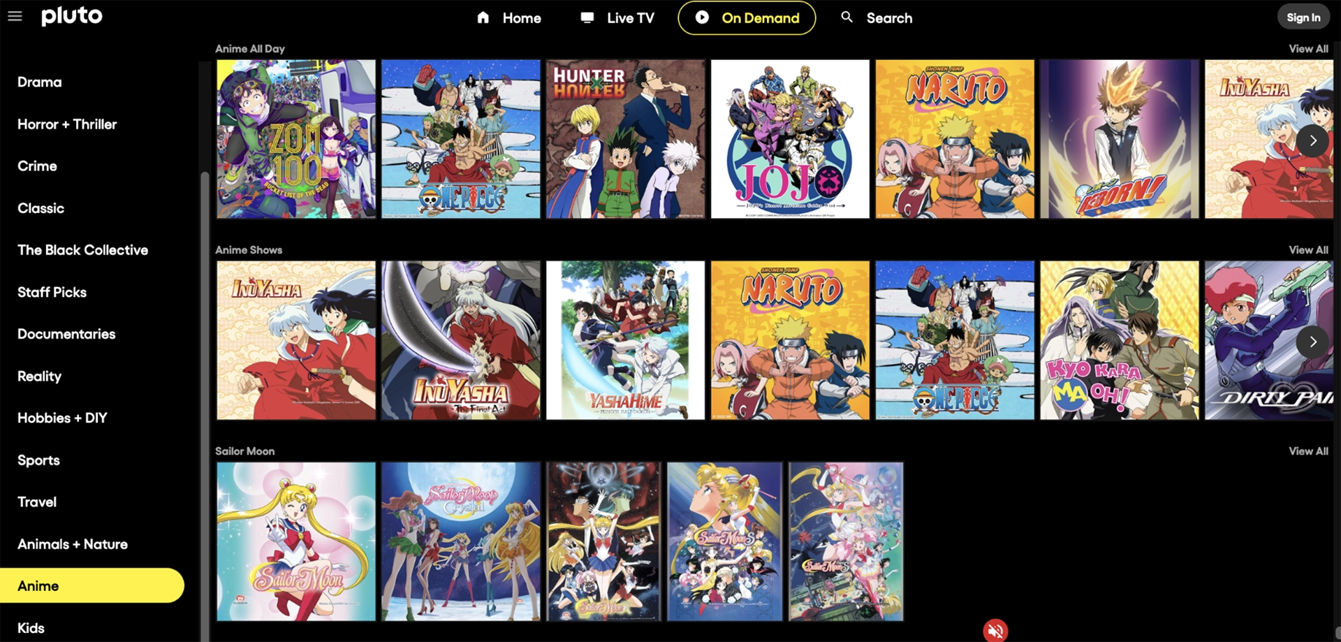 Screenshot of Pluto TV's anime catalog