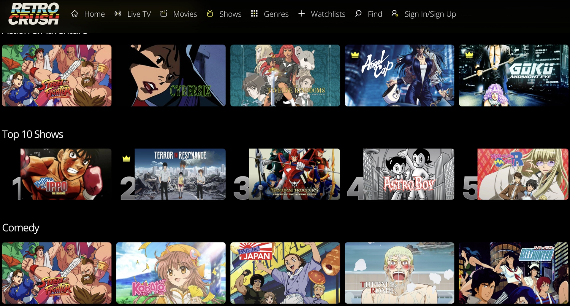 Screenshot of RetroCrush's anime catalog