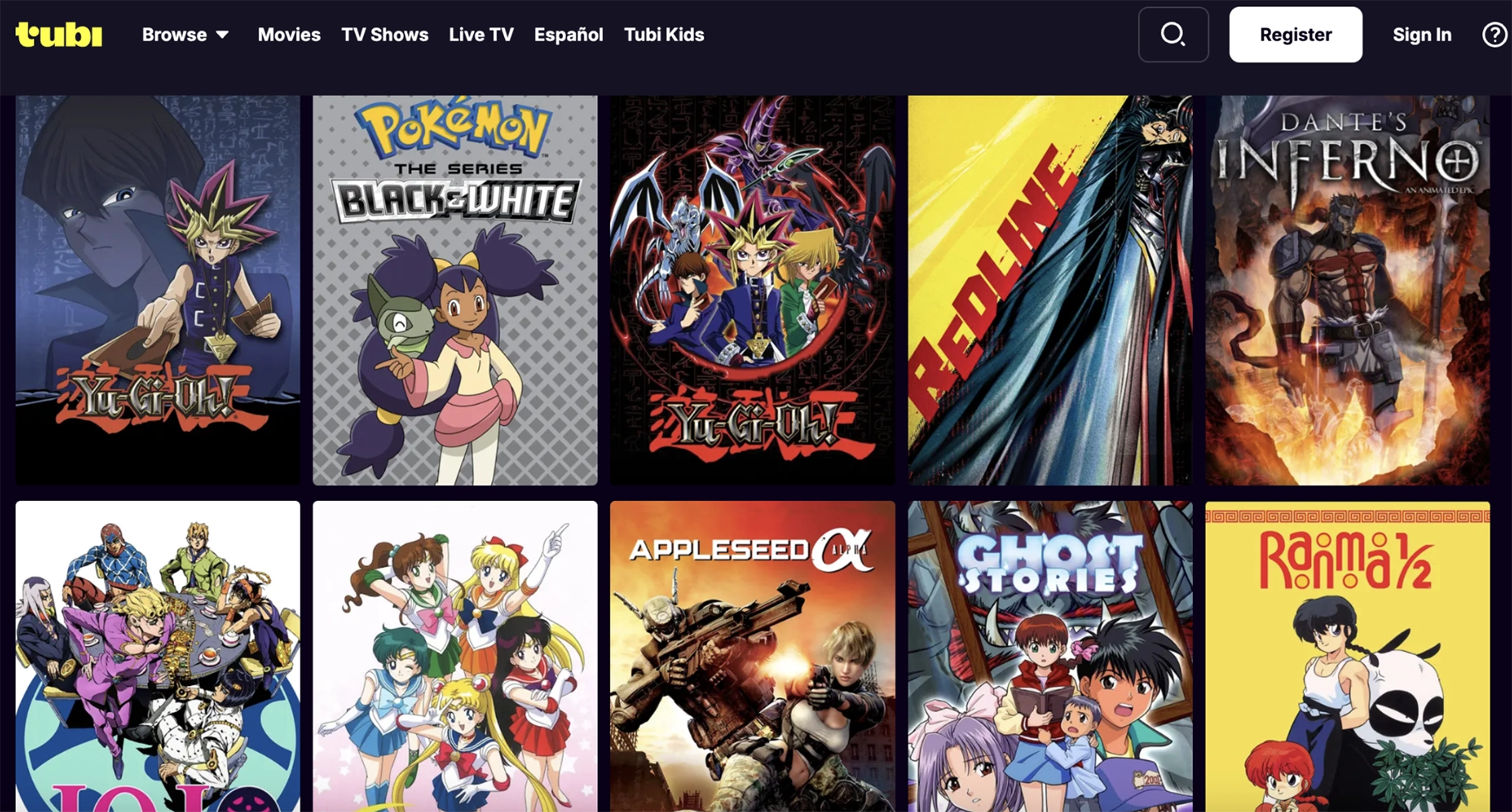 Screenshot of Tubi's anime catalog