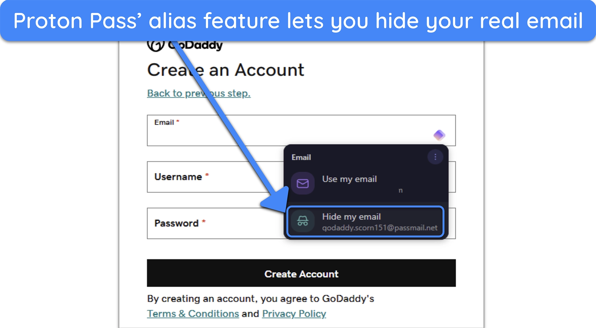 Screenshot of ProtonPass using an email alias on GoDaddy's sign-up page