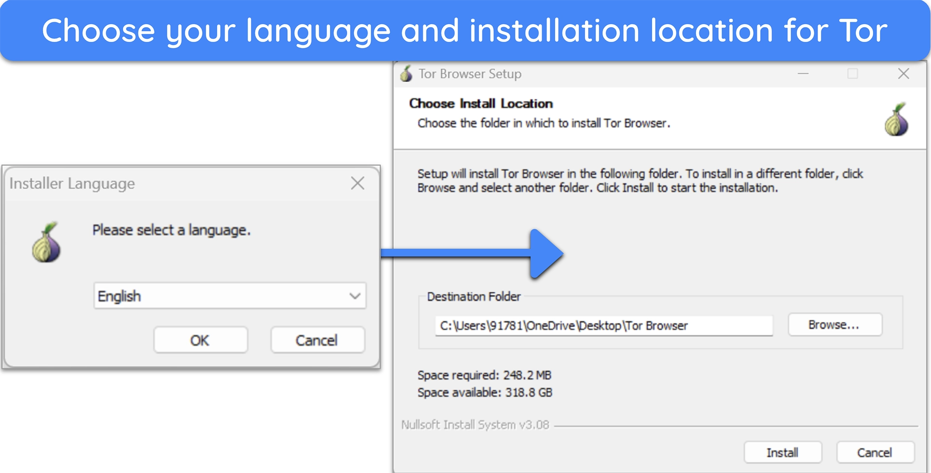 images of Tor browser setup steps for Windows devices.