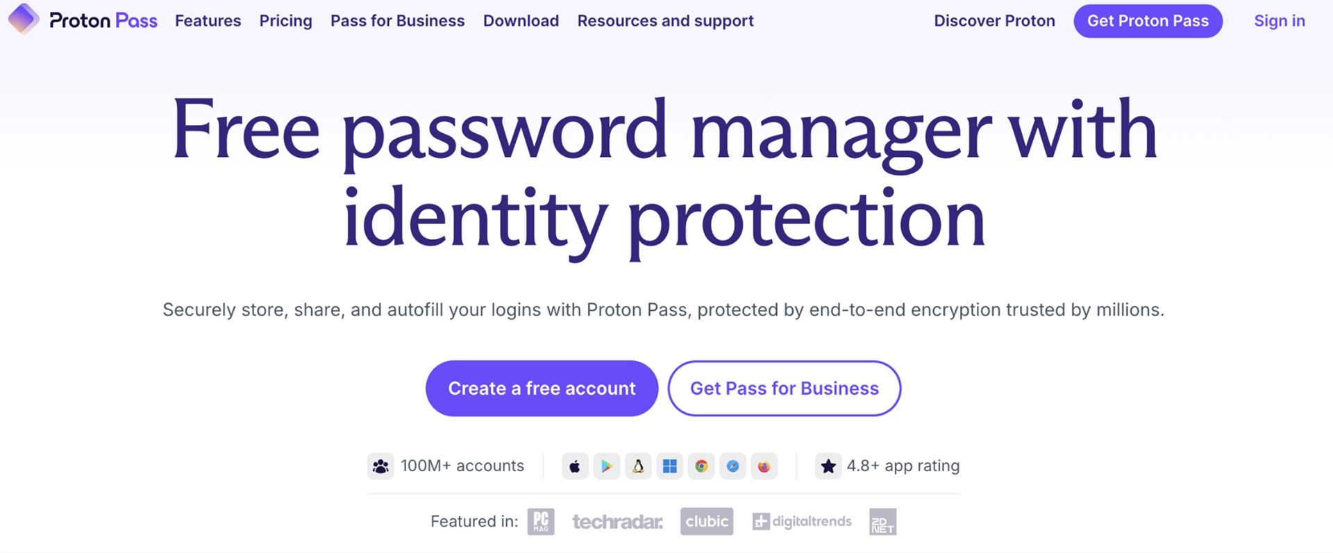 Proton Pass home page website screenshot