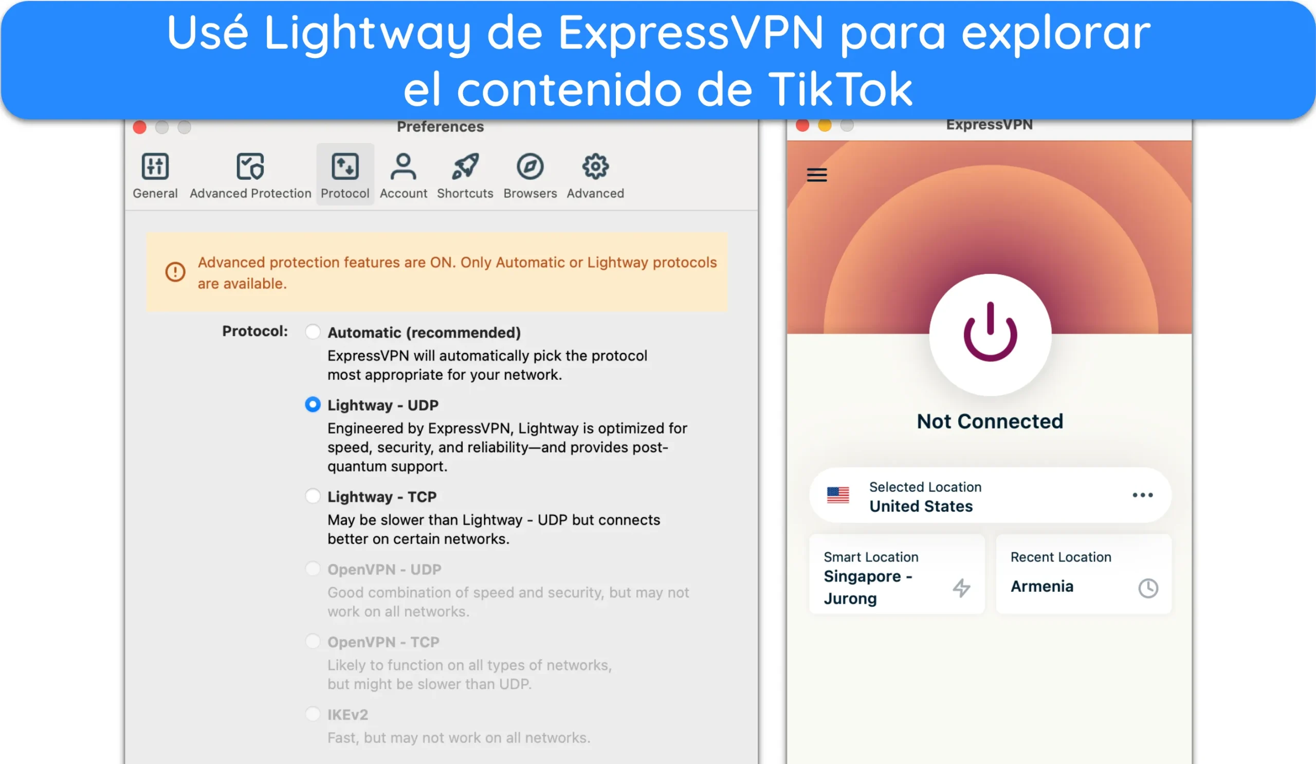 Captura de pantalla de la lista de protocolos de ExpressVPN en su app para Mac.