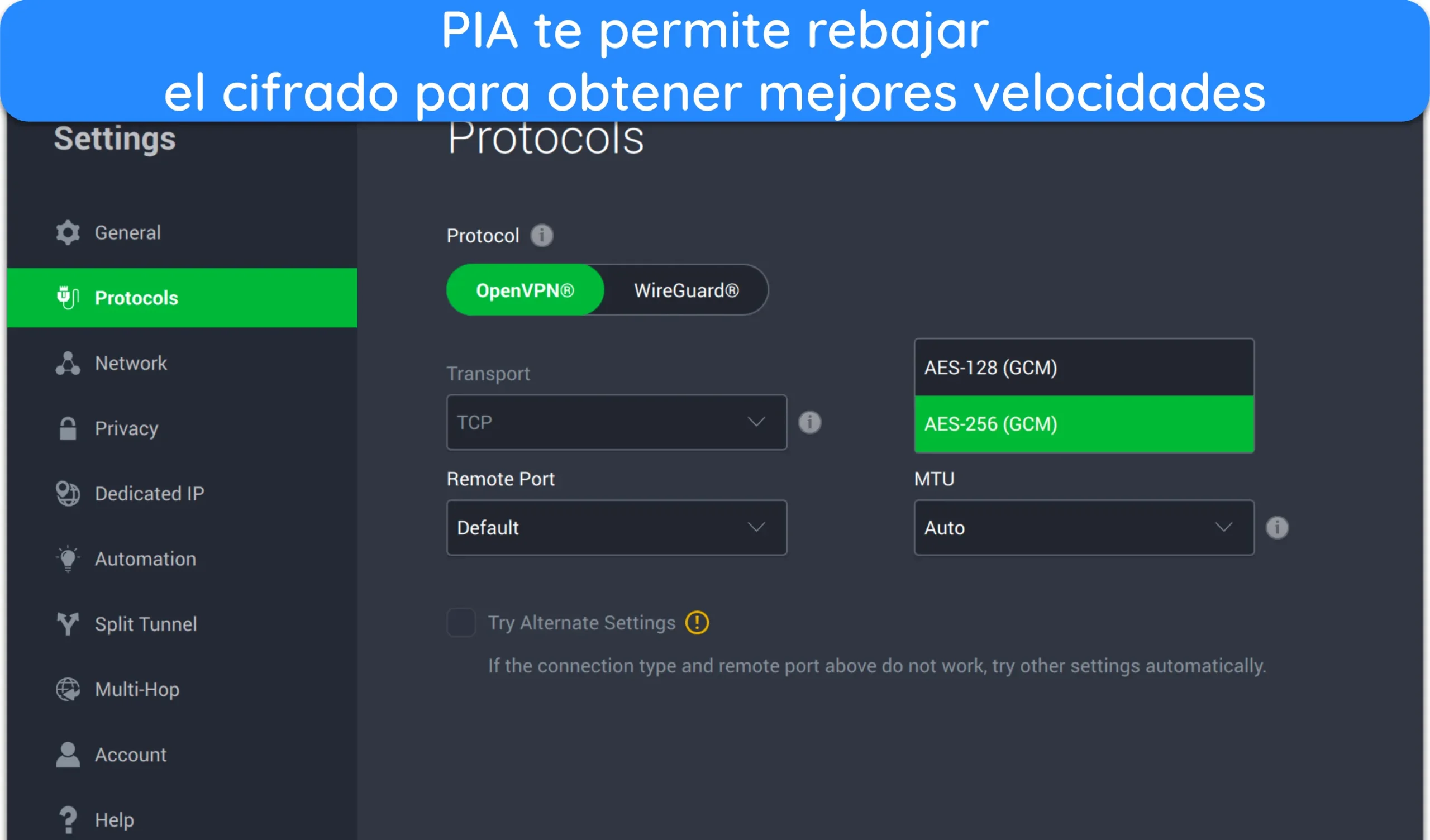 Captura de pantalla de cómo ajustar el nivel de cifrado de PIA en su app para Mac.