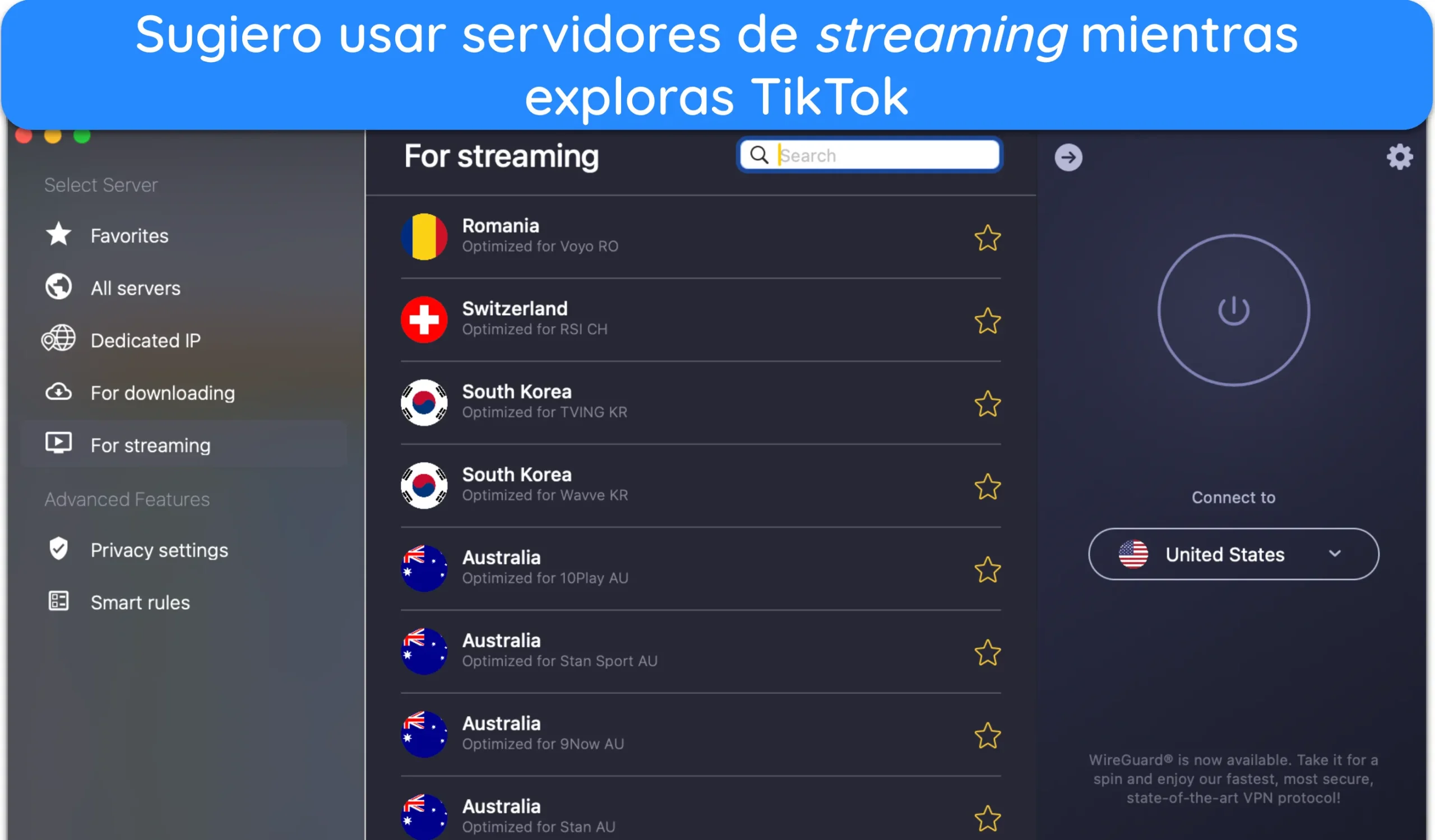 Captura de pantalla de la lista de servidores optimizados para streaming de CyberGhost.