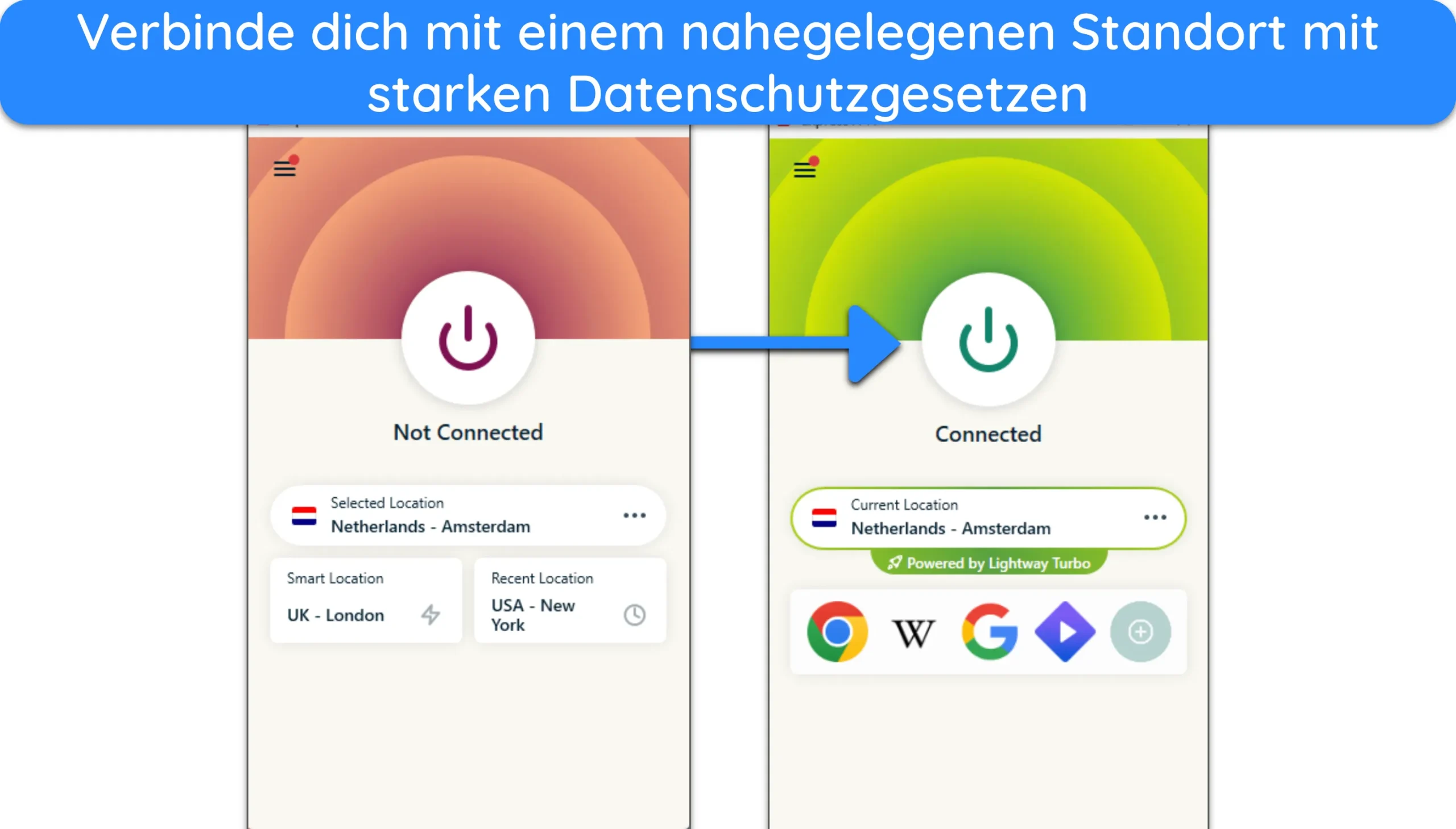 Screenshots der Windows-App von ExpressVPN zeigen den Unterschied zwischen der App im getrennten Zustand und der Verbindung mit einem Server in den Niederlanden.