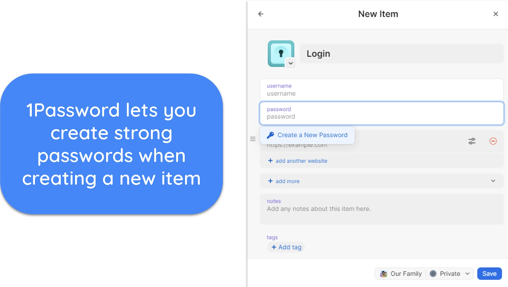 Screenshot of 1Password's password generator showing a create a new password option on a sign in page