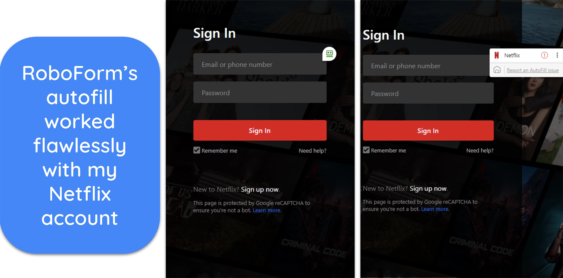 Screenshot of RoboForm's autofill working on Netflix