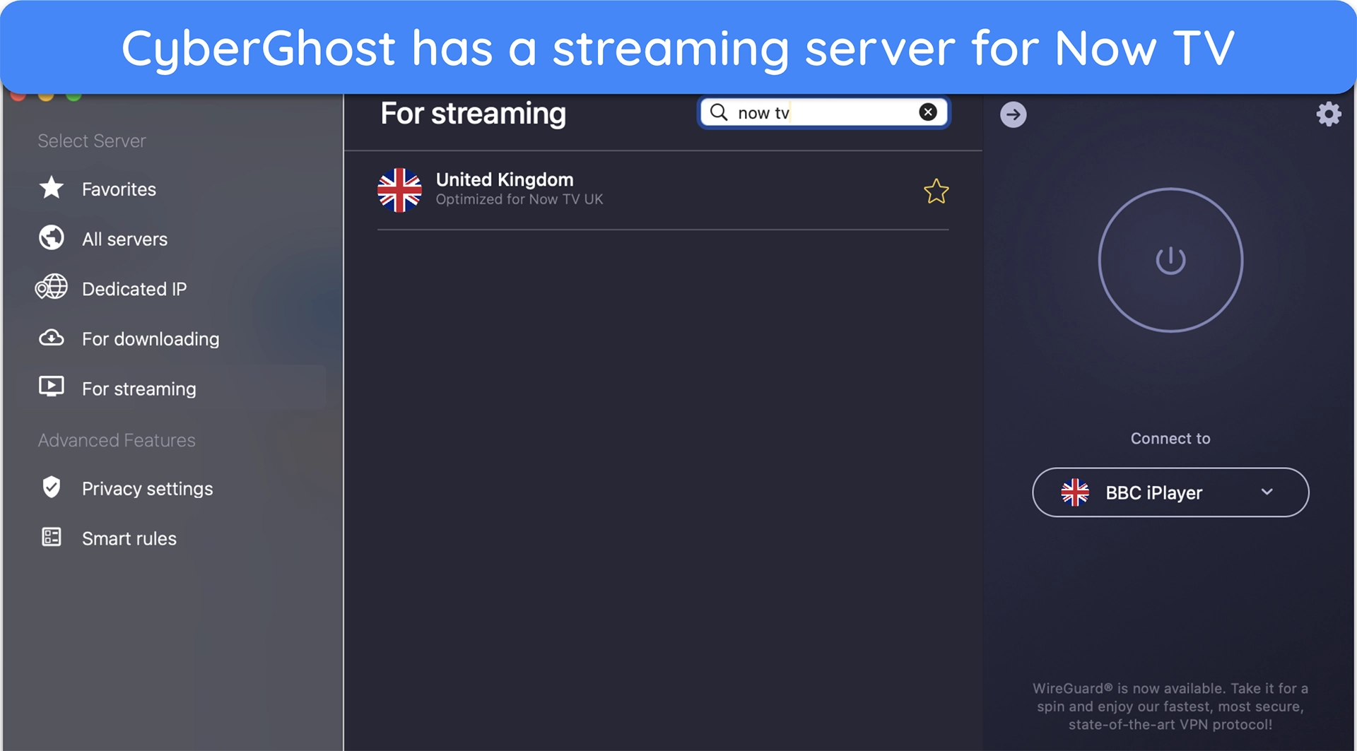Screenshot of CyberGhost's Now TV streaming server showing on its Mac app