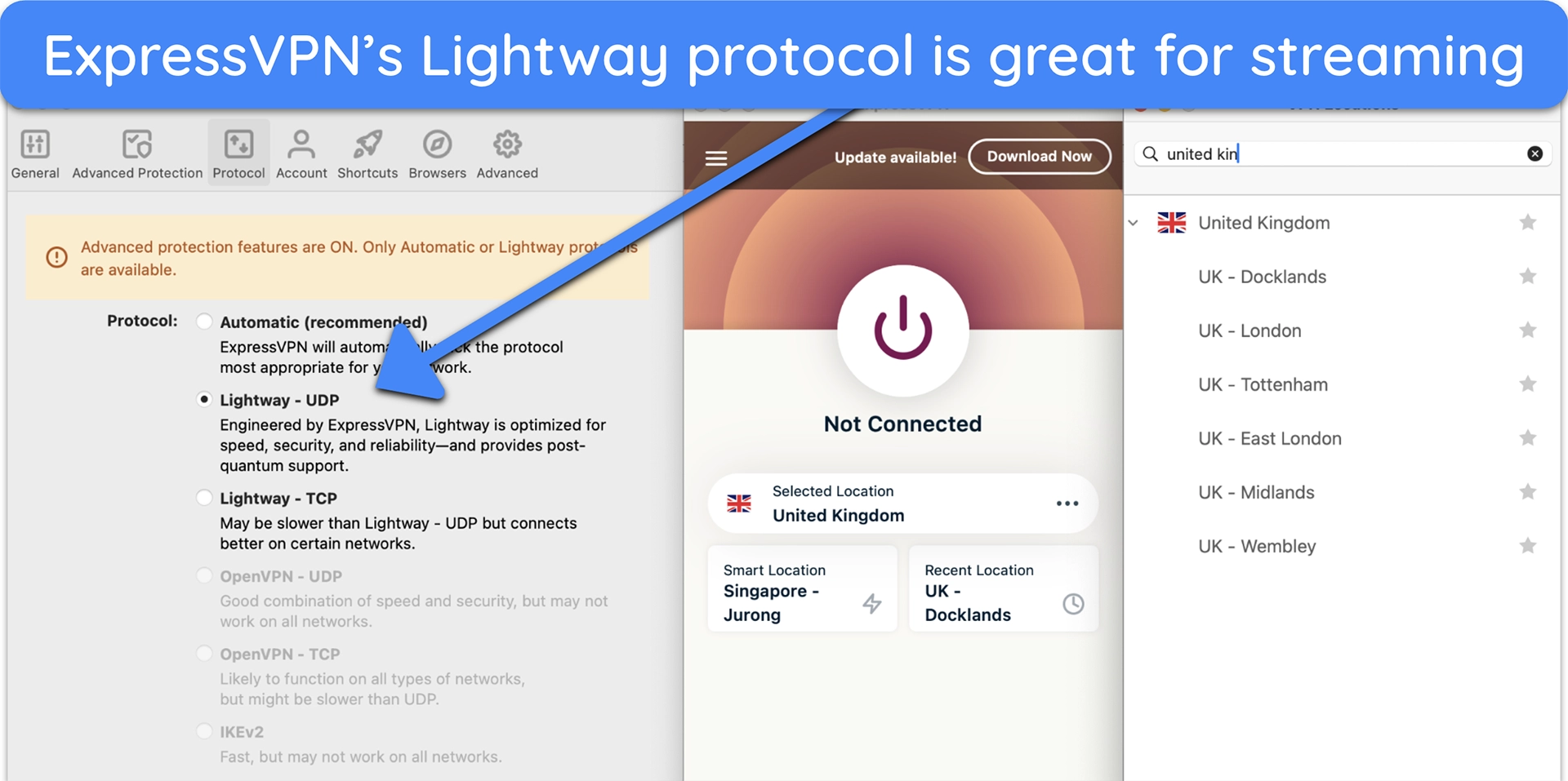 Screenshot of how to use the Lightway protocol on ExpressVPN's Mac app