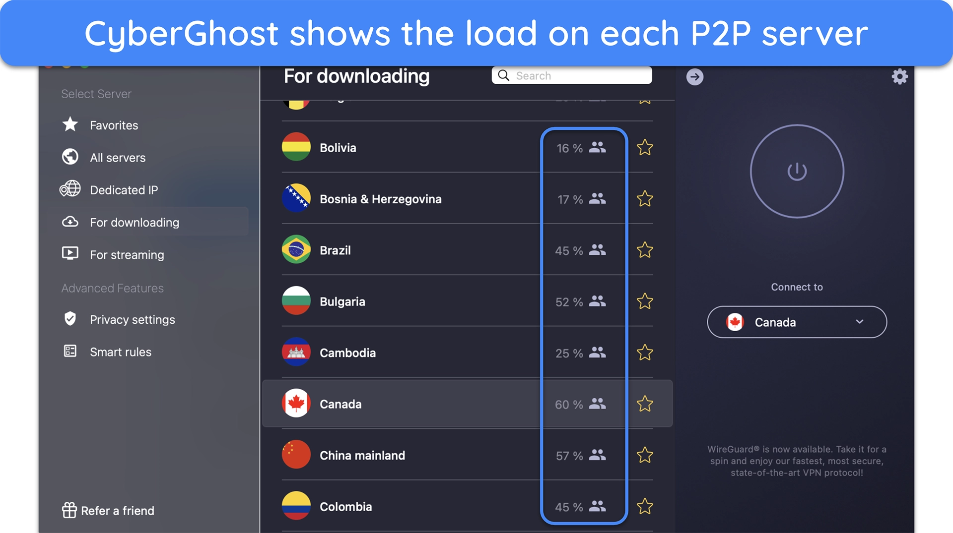 Screenshot of CyberGhost's list of optimized servers for torrenting