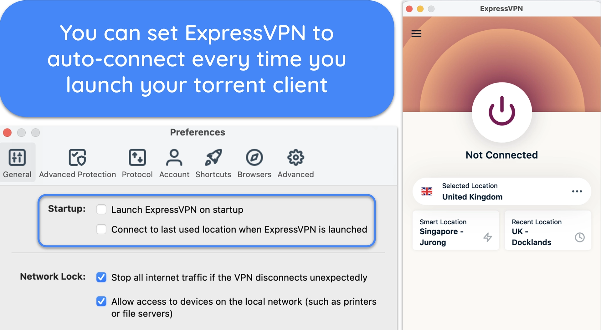 Screenshot of ExpressVPN's general settings menu
