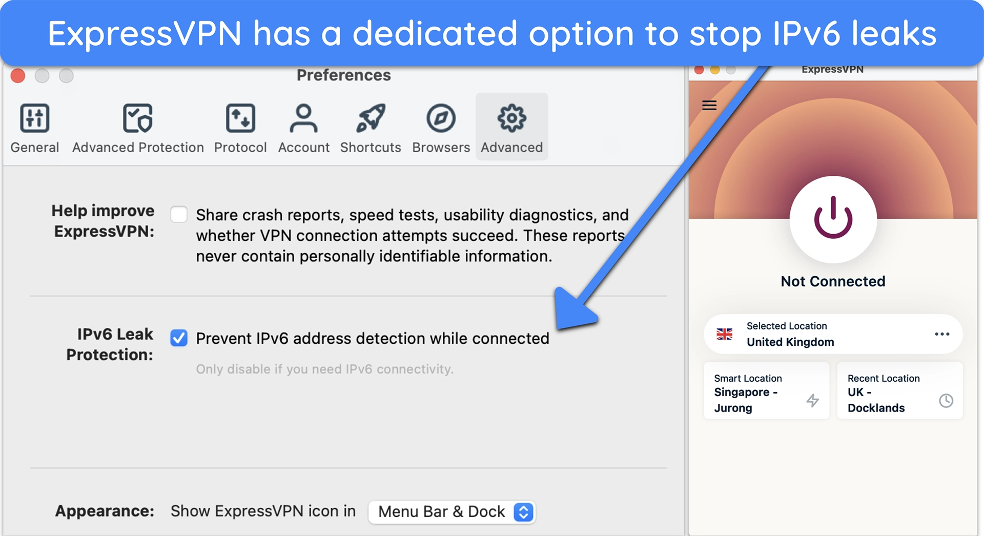 Screenshot of ExpressVPN's IPv6 leak protection setting toggled on