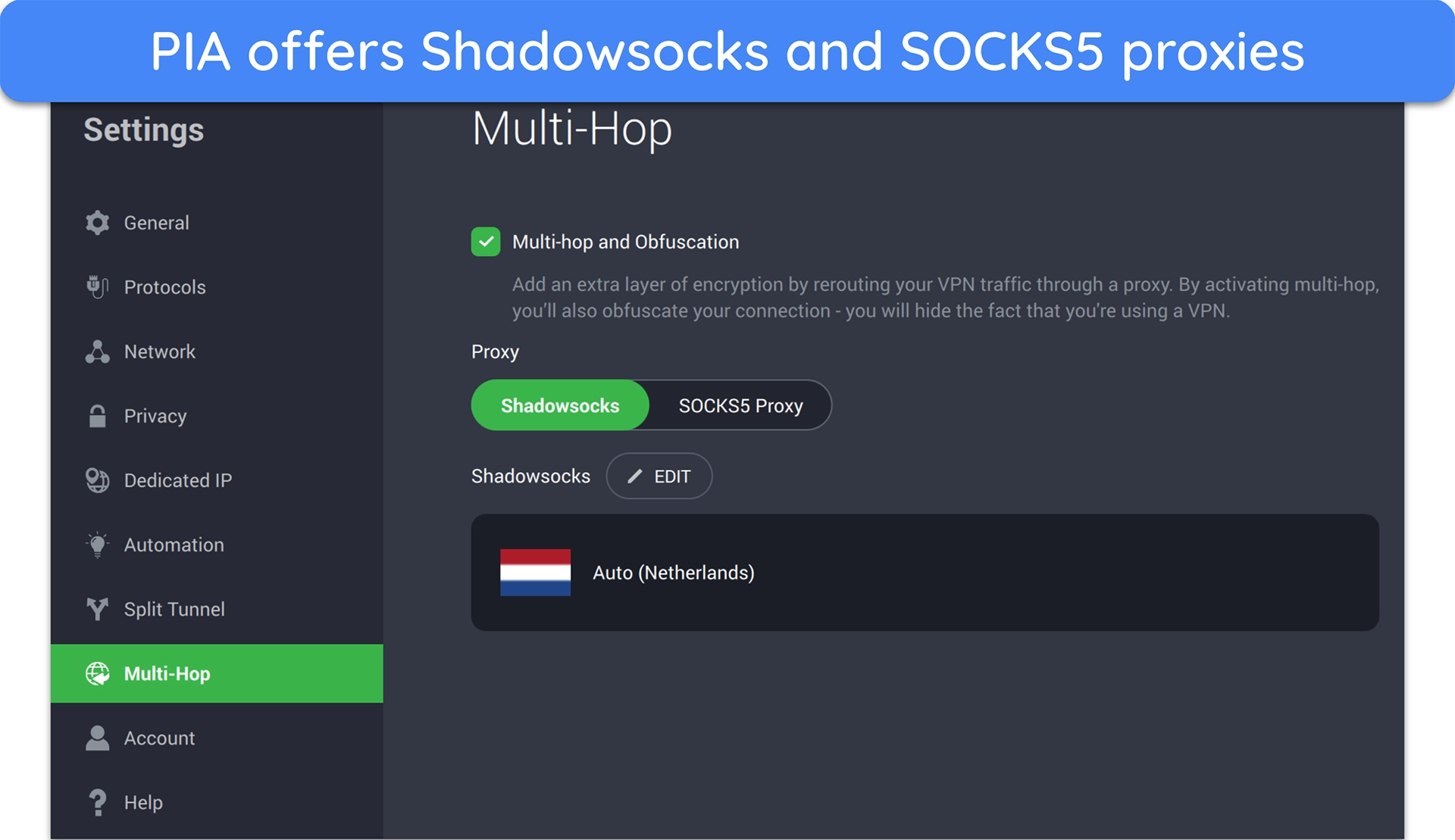 Screenshot of PIA's MultiHop settings menu showing the two types of proxies it supports