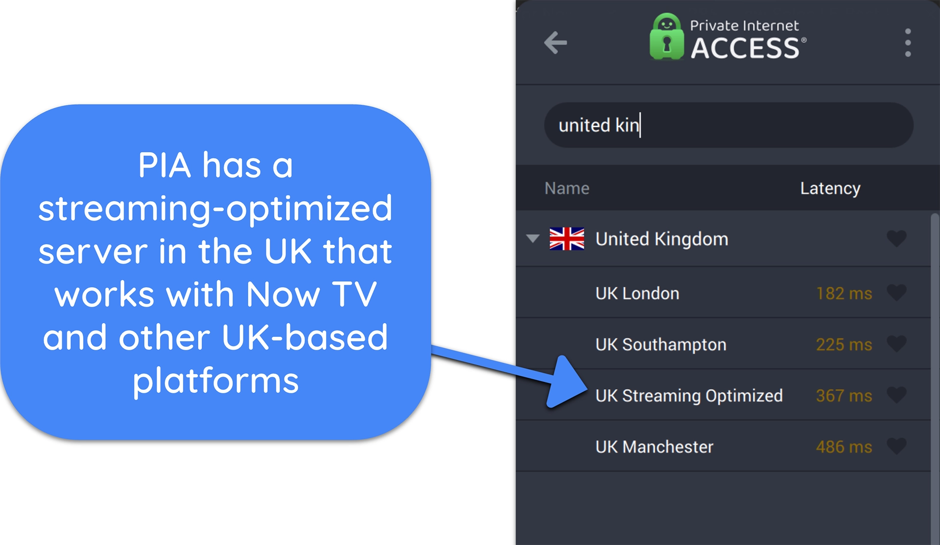 Screenshot of PIA's servers in the UK, including a streaming-optimized server