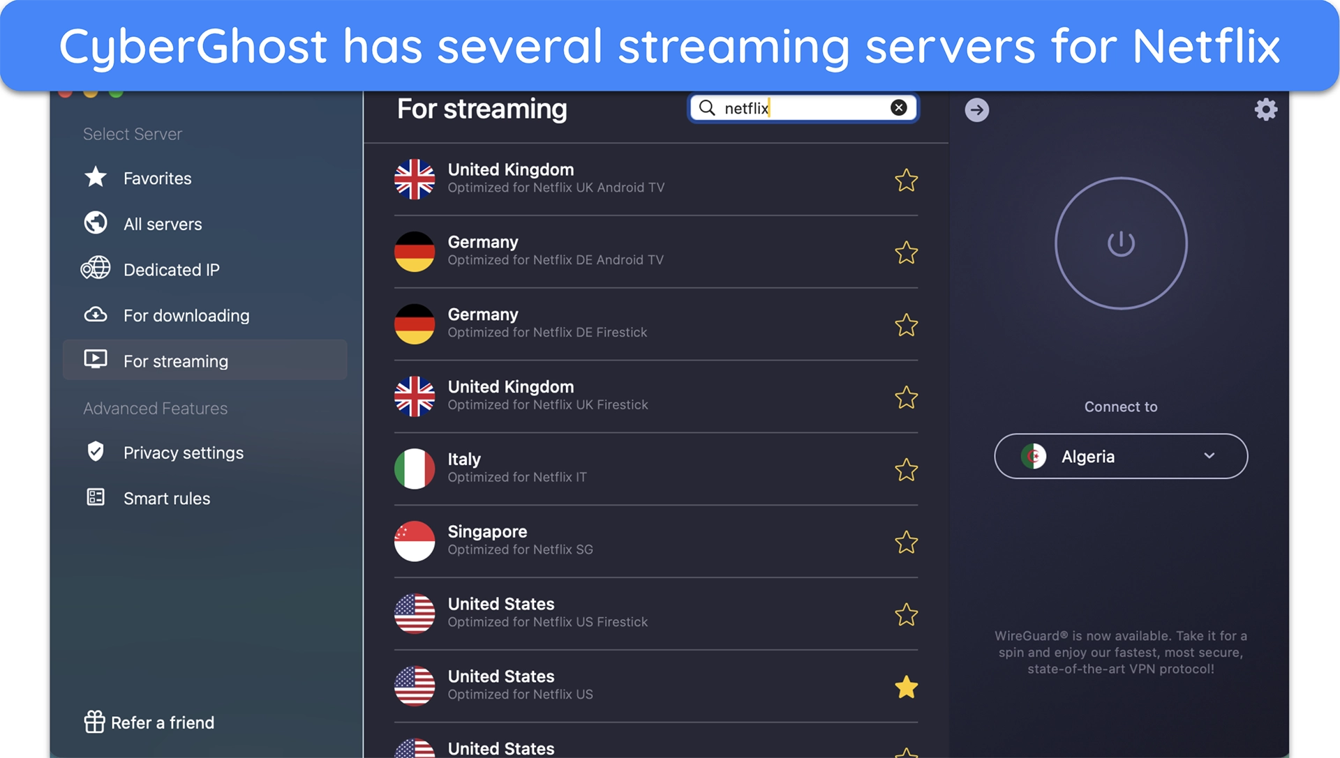 Screenshot of CyberGhost's list of Netflix-optimized streaming servers