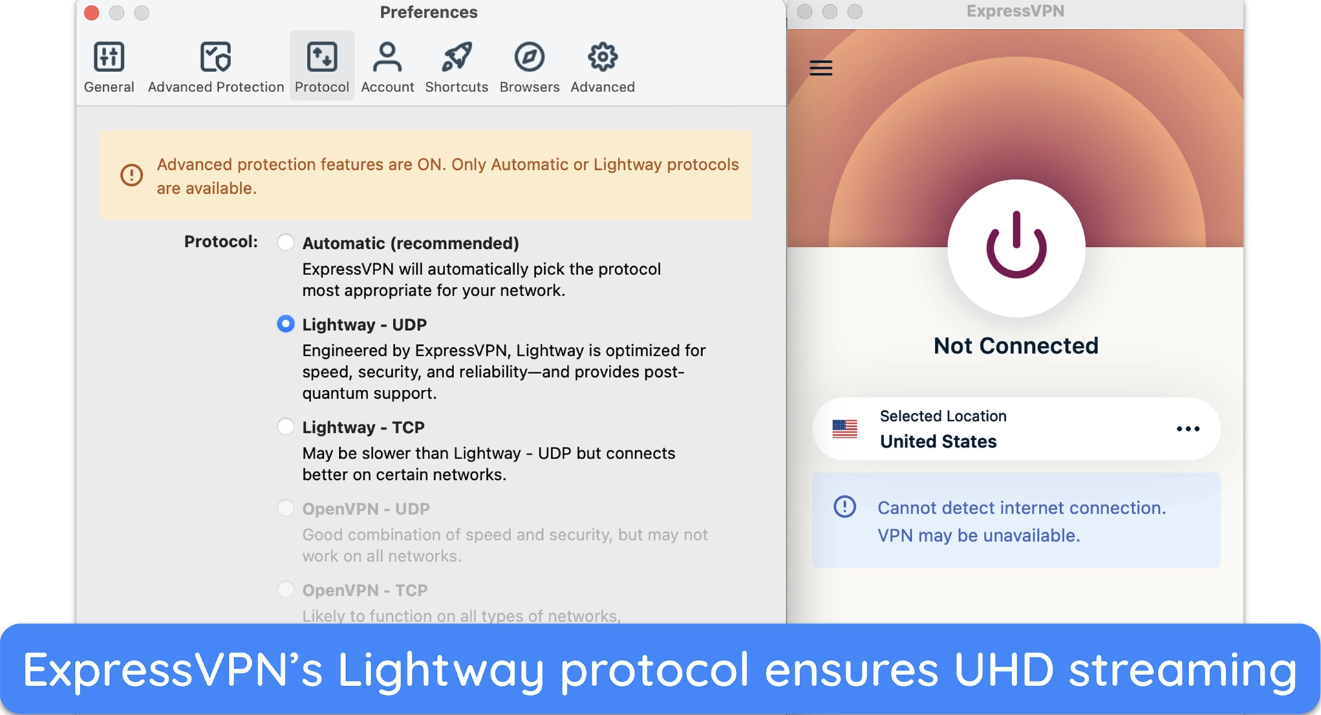 Screenshot of ExpressVPN's list of protocols