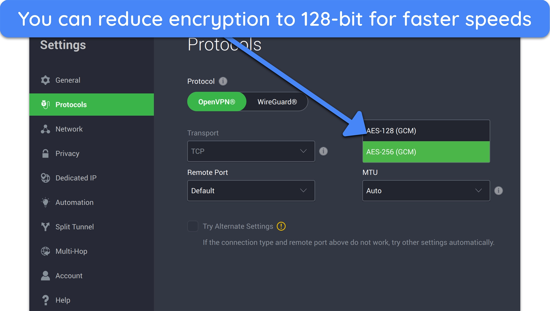 Screenshot of how to adjust encryption levels on PIA