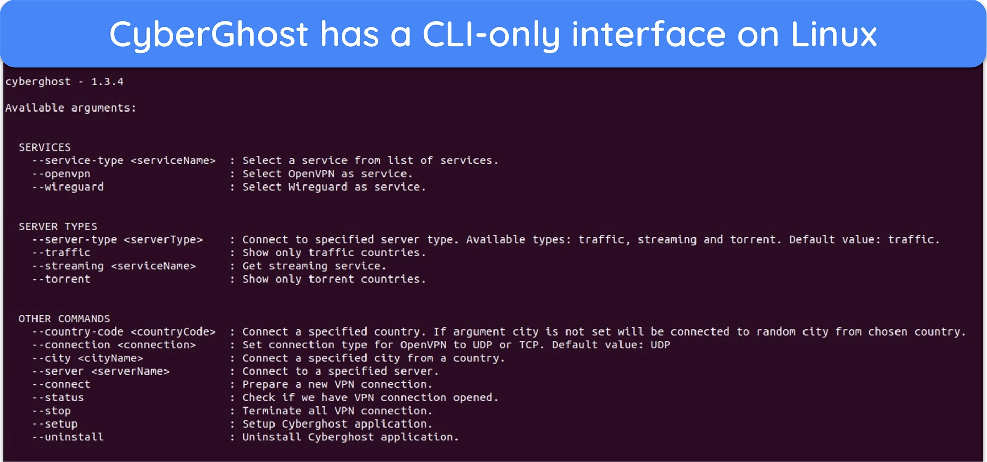 Screenshot of CyberGhost's list of commands that can be used on its CLI-based Linux app