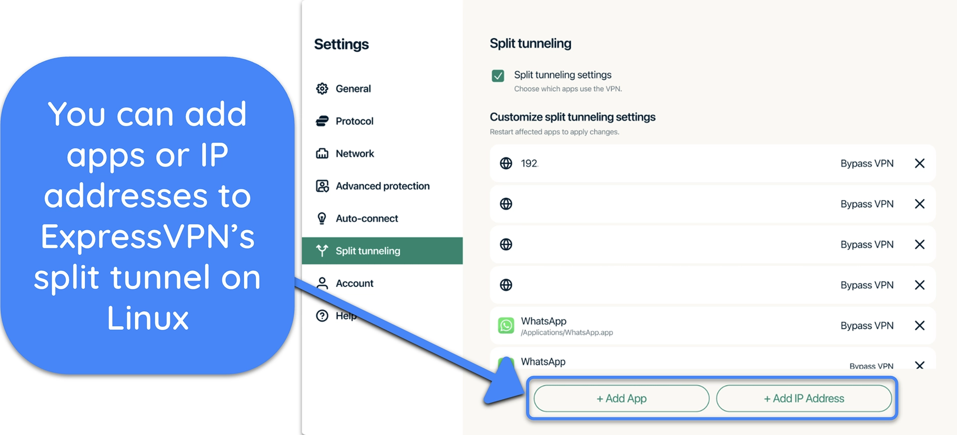 Screenshot of ExpressVPN's split tunneling settings menu on its Linux app