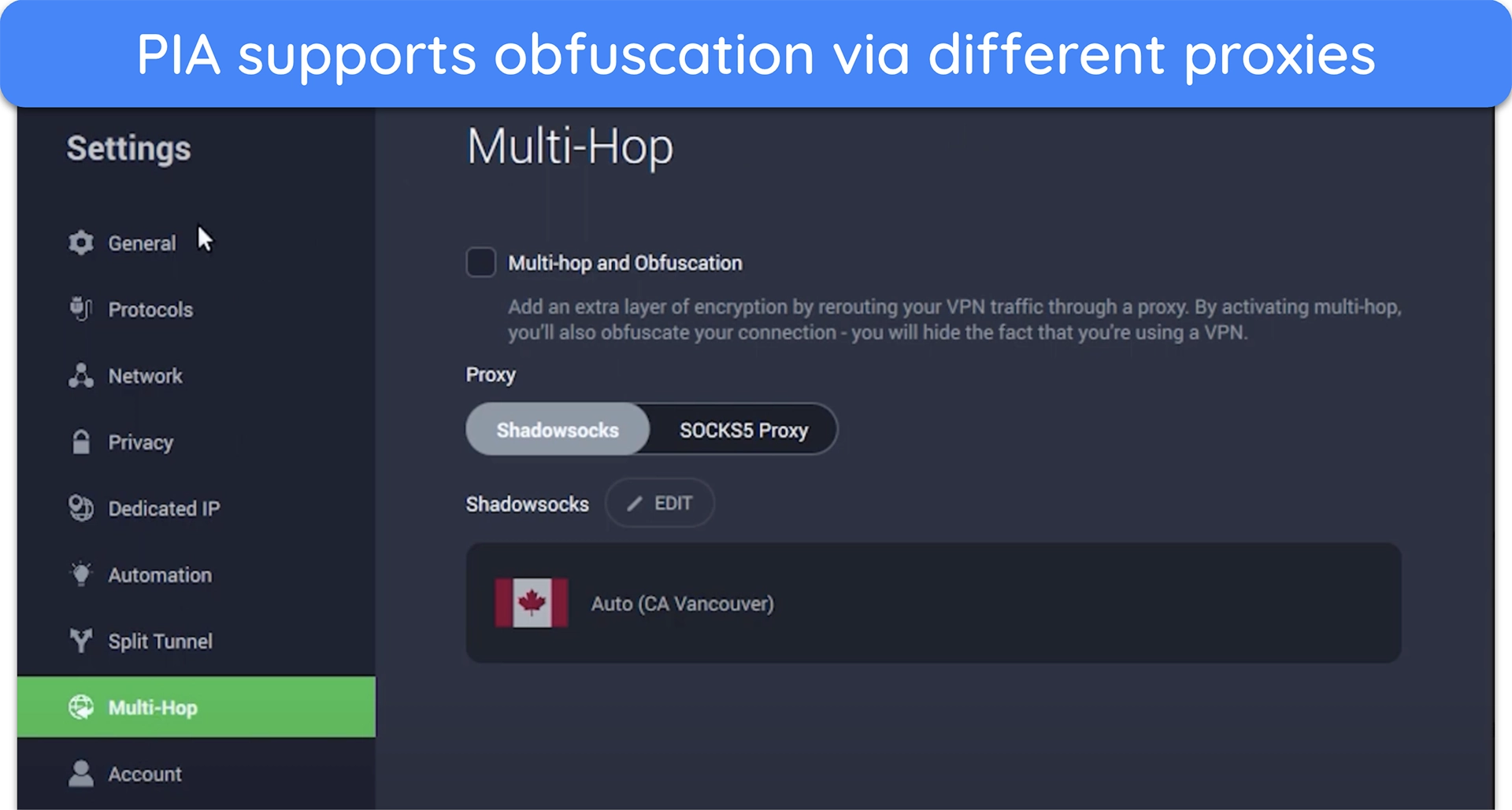 Screenshot of PIA's MultiHop settings menu