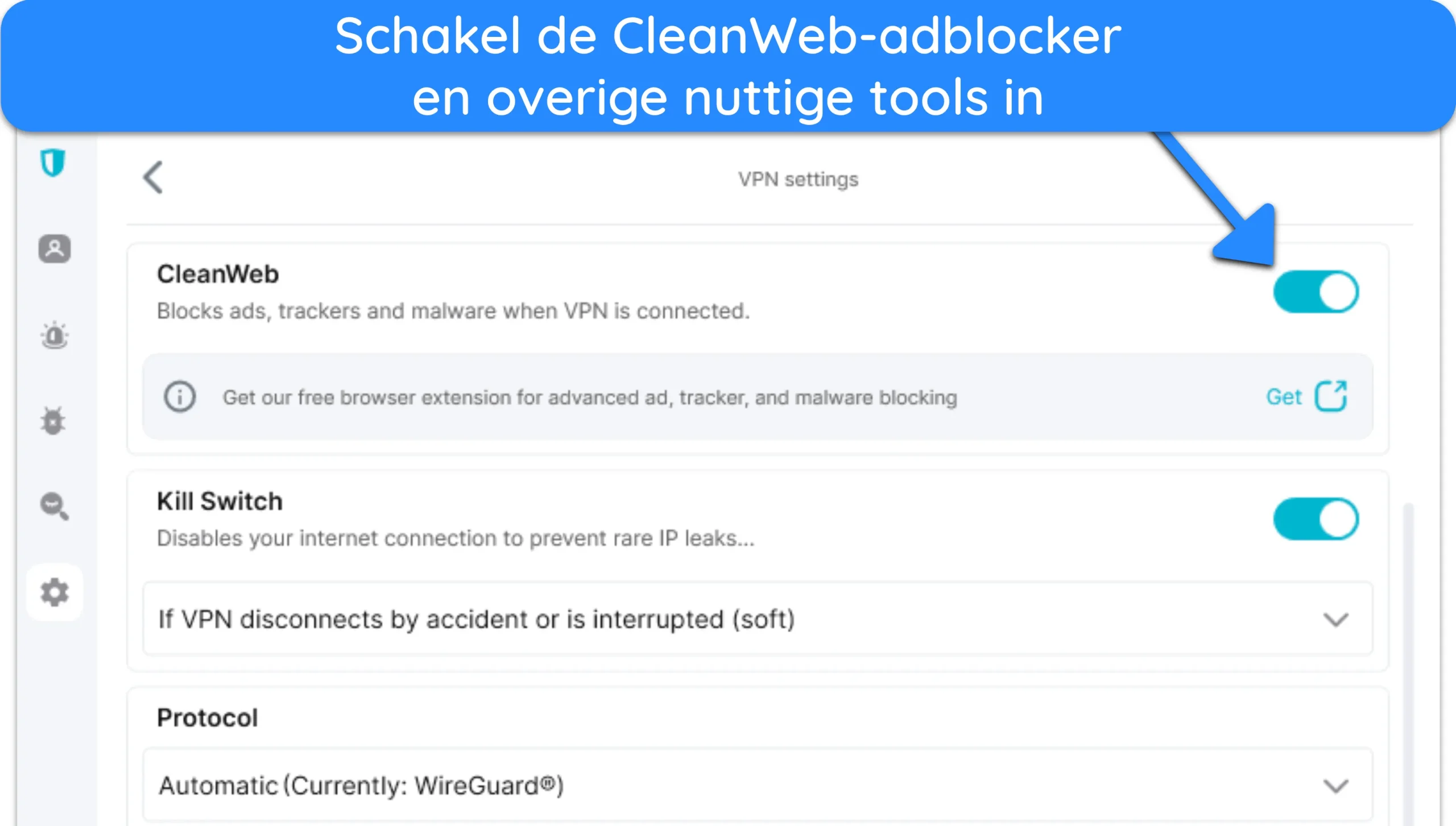Screenshot van de Windows-app van Surfshark, met de CleanWeb-tool in het instellingenmenu.